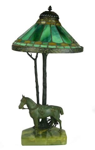 Lamp, Tiffany, Slag Glass, Green Molten Art Deco Bronze, 1920's Lovely Vintage - Old Europe Antique Home Furnishings