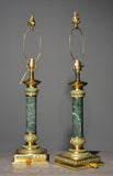Lamps, Brass & Green Empire / Classical Style Marble Column Lamps, Pair, 20th C - Old Europe Antique Home Furnishings