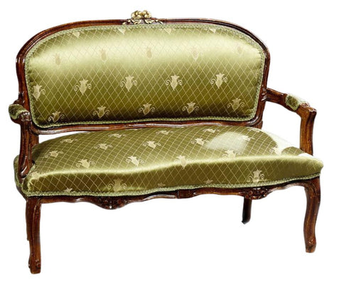 Loveseat, French Louis XV Style, Petite, Green, Silk, Early 20th C.!! - Old Europe Antique Home Furnishings