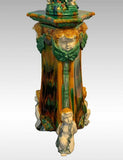 Majolica Jardiniere And Stand, Brightly Colored Green and Orange, Gorgeous - Old Europe Antique Home Furnishings