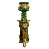 Majolica Jardiniere And Stand, Brightly Colored Green and Orange, Gorgeous - Old Europe Antique Home Furnishings