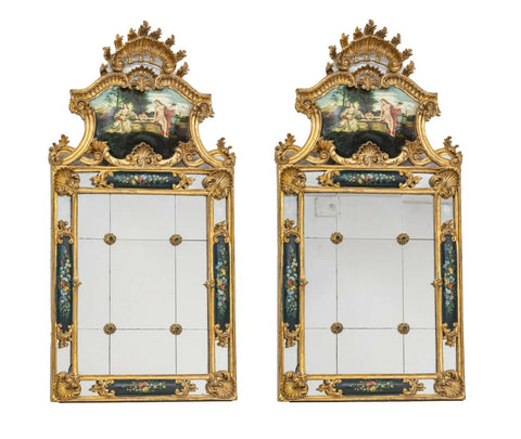 Mirrors, Venetian Painted Carved Wood, Pair, Giltwood Frames, H 35", Vintage!! - Old Europe Antique Home Furnishings