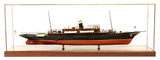 Model Ship, Large Glazed Case, U.S. Steam Yacht, Inlaid Border, 50.5 W, Vintage - Old Europe Antique Home Furnishings