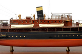 Model Ship, Large Glazed Case, U.S. Steam Yacht, Inlaid Border, 50.5 W, Vintage - Old Europe Antique Home Furnishings