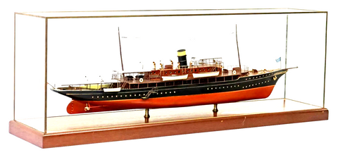 Model Ship, Large Glazed Case, U.S. Steam Yacht, Inlaid Border, 50.5 W, Vintage - Old Europe Antique Home Furnishings