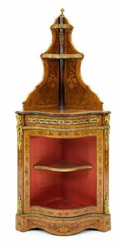 Cabinet, Corner, en Corniere, French Style, Gilt, Metal Mounted Marquetry, 20th Century Corner Cabinet, Abolutely Gorgeous!!! - Old Europe Antique Home Furnishings