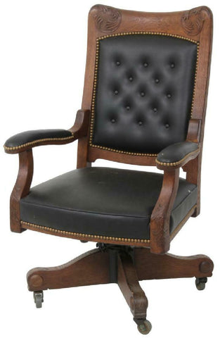Handsome Oak and Leather Office Chair, early 1900s!! - Old Europe Antique Home Furnishings