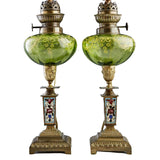 Oil Lamps, 19th C., French ChamplevÃ© and Art Gla, Pair, Lovely Antiques!! - Old Europe Antique Home Furnishings