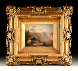 Oil Painting Swiss School, "Mountain and Figures by Cabin in Landscape,"E 20th C - Old Europe Antique Home Furnishings
