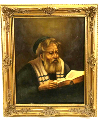 Oil Painting, "Rabbi Reading", Gold Frame, 25 x 22 ins, Realism, Vintage! - Old Europe Antique Home Furnishings