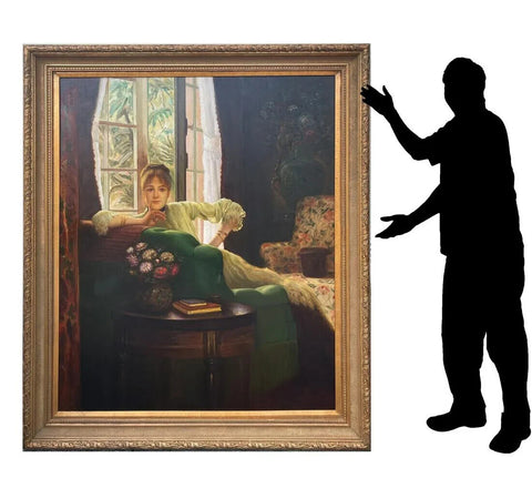 Oil on Canvas, Painting, Large, Decorative, Of A Young Girl Suggestively Posed!! - Old Europe Antique Home Furnishings
