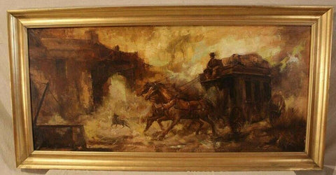 Oil on Canvas of Western Scene Signed with Horses Pulling a Stagecoach, Nice! - Old Europe Antique Home Furnishings