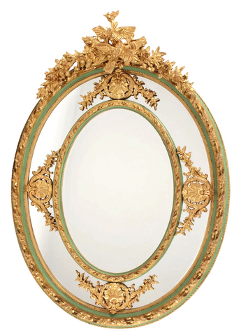 Oval Mirror, Louis XVI Style, Parcel Gilt & Green Painted, Cast Resin, Vintage! - Old Europe Antique Home Furnishings