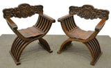 Chairs, Antique Armchairs, Renaissance Revival Curule, Dark Wood, Charming Pair! - Old Europe Antique Home Furnishings