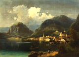 Painting, Hallstatt, Austria, Johann Wilhelm Jankowsky, Lakeside Village, 1800's - Old Europe Antique Home Furnishings