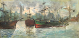 Painting, Oil On Canvas, Ships in Industrial Harbor, Signed, Framed, Vintage!! - Old Europe Antique Home Furnishings