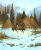 Painting, Oil on Canvas, B. Adams, Western Indian Theme, "Seeking Winter Meat" - Old Europe Antique Home Furnishings