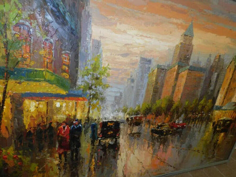 Painting, Oil on Canvas, French Street Scene, Monumental, Framed, 73" x 49.25"! - Old Europe Antique Home Furnishings