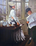 Painting, Oil on Canvas, Large, Decorative, Of A Young Woman At Teatime, Signed! - Old Europe Antique Home Furnishings