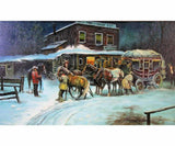 Painting, Oil on Canvas, 'Wells Fargo Stagecoach", Awesome Snow Scene Painting! - Old Europe Antique Home Furnishings