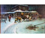Painting, Oil on Canvas, 'Wells Fargo Stagecoach", Awesome Snow Scene Painting! - Old Europe Antique Home Furnishings