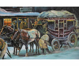 Painting, Oil on Canvas, 'Wells Fargo Stagecoach", Awesome Snow Scene Painting! - Old Europe Antique Home Furnishings