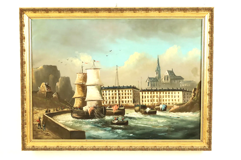 Painting, French Oil on Canvas Harbor Scene with Boats, Gold Frame, Vintage, 20th Century!! - Old Europe Antique Home Furnishings
