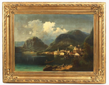 Painting, Hallstatt, Austria, Johann Wilhelm Jankowsky, Lakeside Village, 1800's - Old Europe Antique Home Furnishings