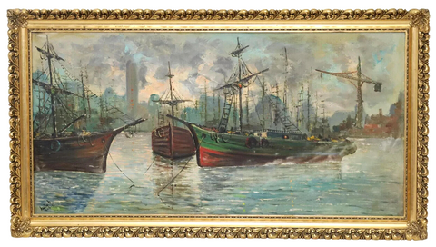 Painting, Oil On Canvas, Ships in Industrial Harbor, Signed, Framed, Vintage!! - Old Europe Antique Home Furnishings