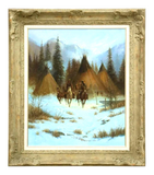 Painting, Oil on Canvas, B. Adams, Western Indian Theme, "Seeking Winter Meat" - Old Europe Antique Home Furnishings