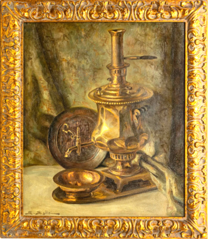 Painting, Oil on Canvas, H 23.5" Still Life, signed S. Salla, Vintage / Antique - Old Europe Antique Home Furnishings