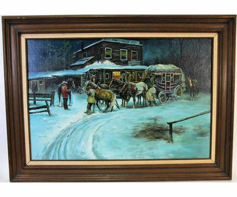 Painting, Oil on Canvas, 'Wells Fargo Stagecoach", Awesome Snow Scene Painting! - Old Europe Antique Home Furnishings