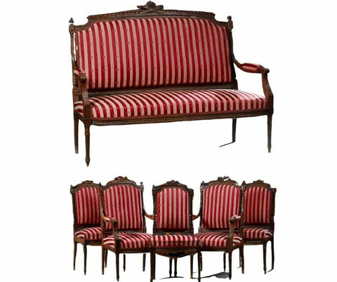 Parlor Set, French Louis XVI Style Six-Piece Carved Walnut Early 1900s,Red- Striped, Charming!! - Old Europe Antique Home Furnishings