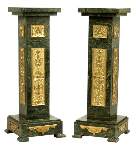 Pedestals, Marble, Green, Set of Two, Ormolu Mounted, with Bronze, Vintage! - Old Europe Antique Home Furnishings