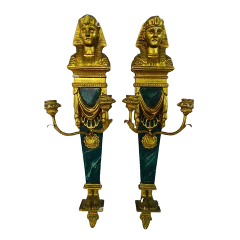 Sconces, Egyptian, Revival Gilt Wood & Faux Green Malachite, Pair, Gorgeous!! - Old Europe Antique Home Furnishings