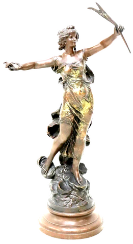 Sculpture, Patinated Metal, Signed, "La Gloire" After Auguste Moreau 38.5" H! - Old Europe Antique Home Furnishings