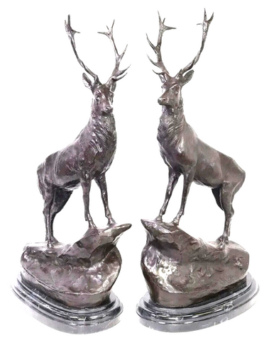 Sculptures, Bronze Stags, Patinated, (2) After Jules Moigniez, Signed, Large 29 - Old Europe Antique Home Furnishings