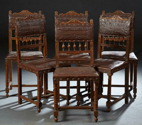 Charming Set of Six French Carved Oak Henri II Style Dining, 19th century ( 1800s ) - Old Europe Antique Home Furnishings