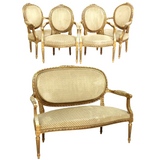 Settee, Armchairs, Four, French Louis XVI Style Giltwood, Salon, Early 1900's! - Old Europe Antique Home Furnishings