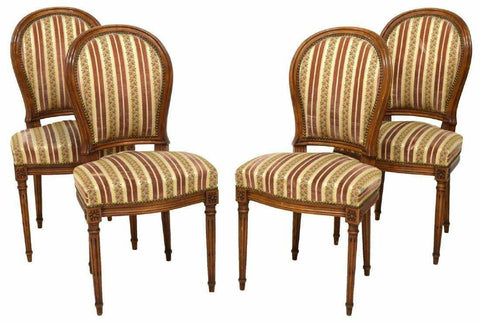 Side Chairs, 4 Italian Louis XVI Style Walnut, Striped Upholstered Vintage!! - Old Europe Antique Home Furnishings