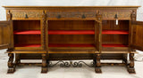 Sideboard, Red Leather, French Renaissance Style w/ Metal Stretcher, Part of a Dining Set - Old Europe Antique Home Furnishings