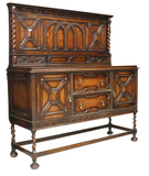 Sideboard, Jacobean Style, Carved Wood, English, Oak Barley Twist, Early 1900's! - Old Europe Antique Home Furnishings