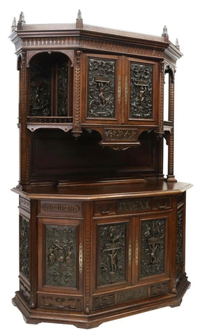 Sideboard, French Renaissance Revival Carved Walnut, Doors, Open Display, 1800s! - Old Europe Antique Home Furnishings