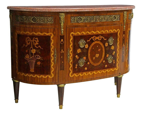 Sideboard, Louis XVI Style Marble-Top Mahogany DemiLune, Floral Marquetry, 1900s!! - Old Europe Antique Home Furnishings