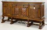 Sideboard, Red Leather, French Renaissance Style w/ Metal Stretcher, Part of a Dining Set - Old Europe Antique Home Furnishings