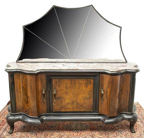 Sideboard, Venetian Marble-Top Mirrored Sideboard, Vintage / Antique, Serpentine - Old Europe Antique Home Furnishings