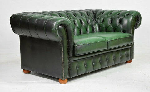 Sofa and Loveseat, Chesterfield, Green Leather From England, Gorgeous Set! - Old Europe Antique Home Furnishings