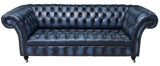 Sofa, Blue Leather, English Chesterfield Style, Nailhead Trim, Button Tufted!! - Old Europe Antique Home Furnishings