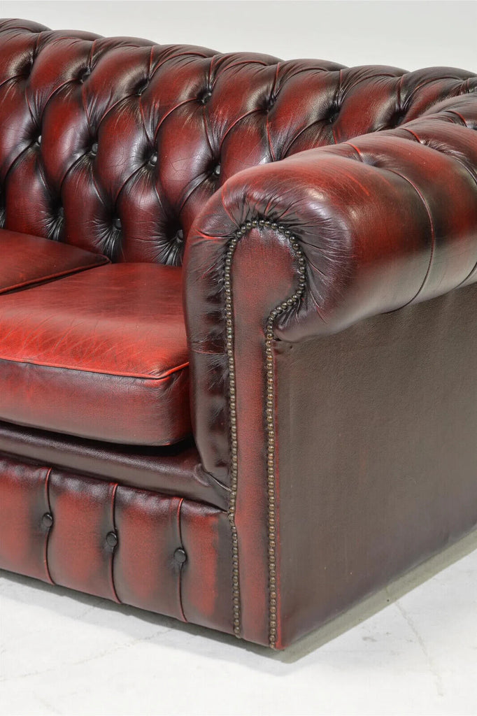 Sofa, British Red Leather Button Tufted Chesterfield Sofa, Old Europe Antique Home