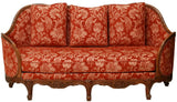 Sofa, French Louis XV Style, Upholstered 79.25"W, Red Damask, Vintage / Antique - Old Europe Antique Home Furnishings